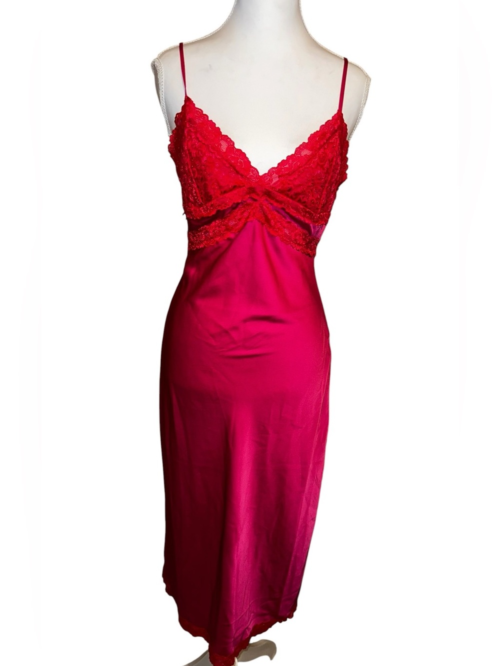 Red Lace Trim Satin Slip Dress -